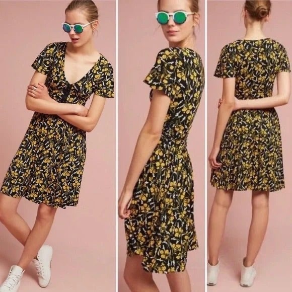 Anthro Maeve Black & Marigold Yellow Floral Swing Sundress Dress